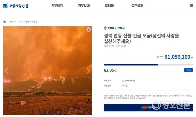 안동시, 산불피해에 따른 긴급 모금 시행